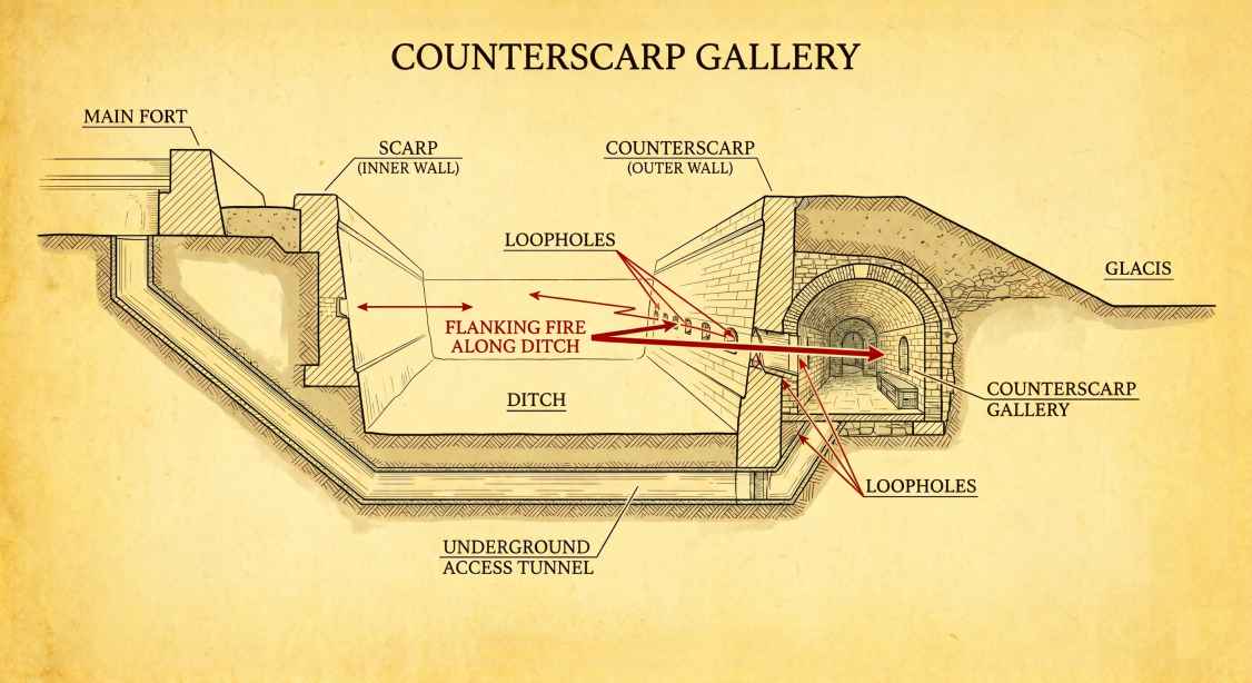 Top-down diagram of Counterscarp Gallery