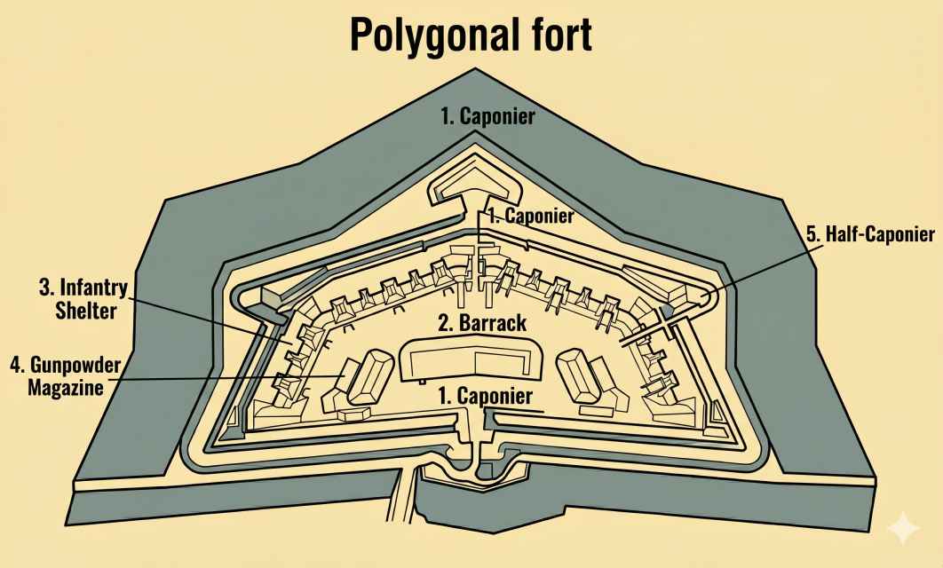 Top-down diagram of Polygonal Fort